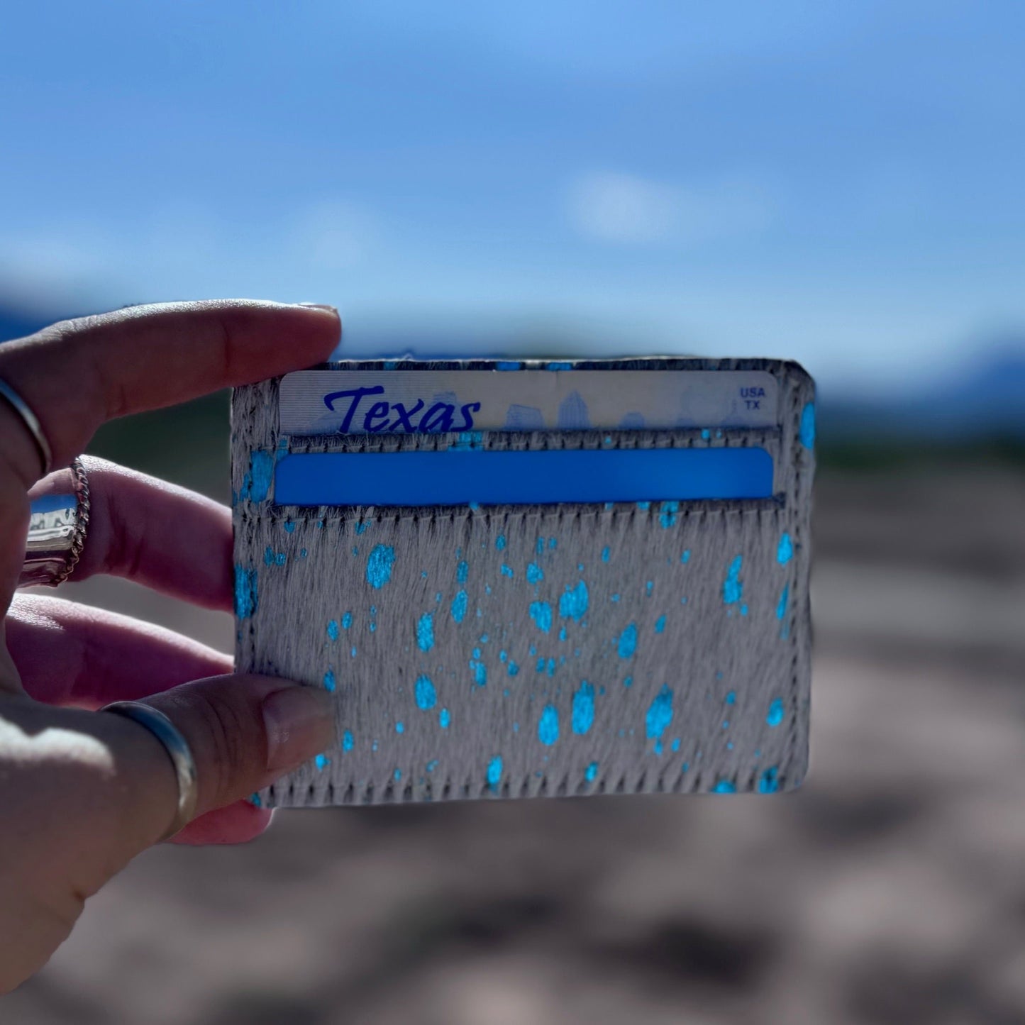 Western Cowhide Credit Card Holder - WHITE + TURQUOISE SPECS