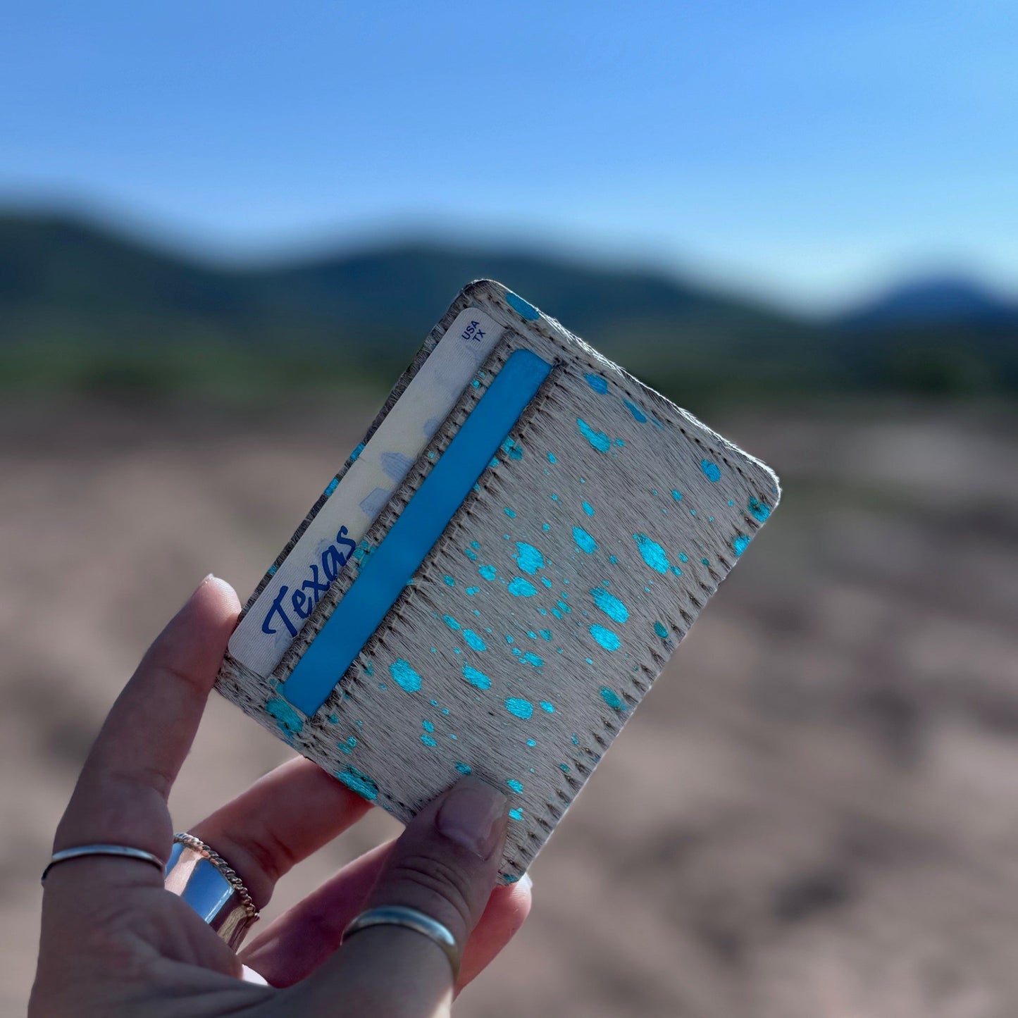 Western Cowhide Credit Card Holder - WHITE + TURQUOISE SPECS