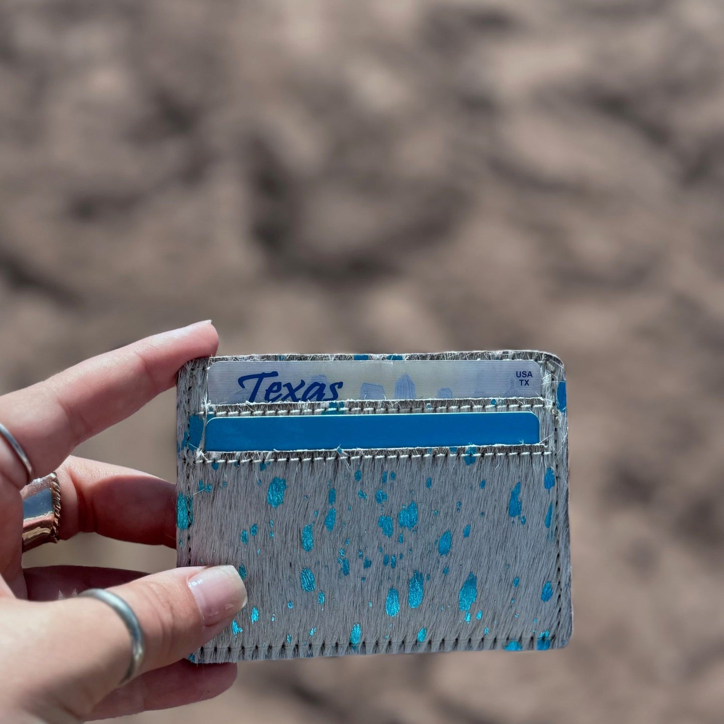Western Cowhide Credit Card Holder - WHITE + TURQUOISE SPECS