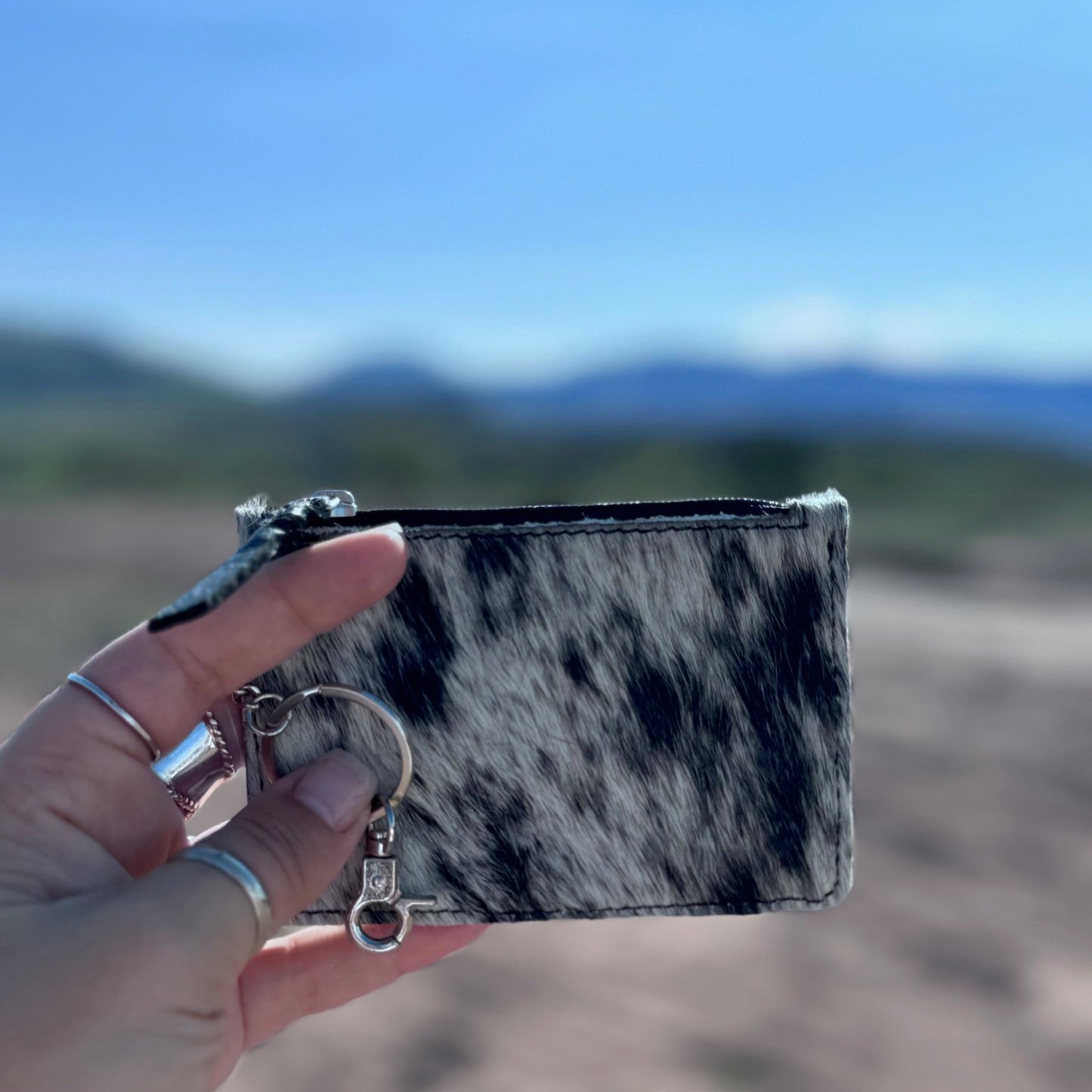 Western Cowhide Leather Keychain Wallet: BLACK + WHITE