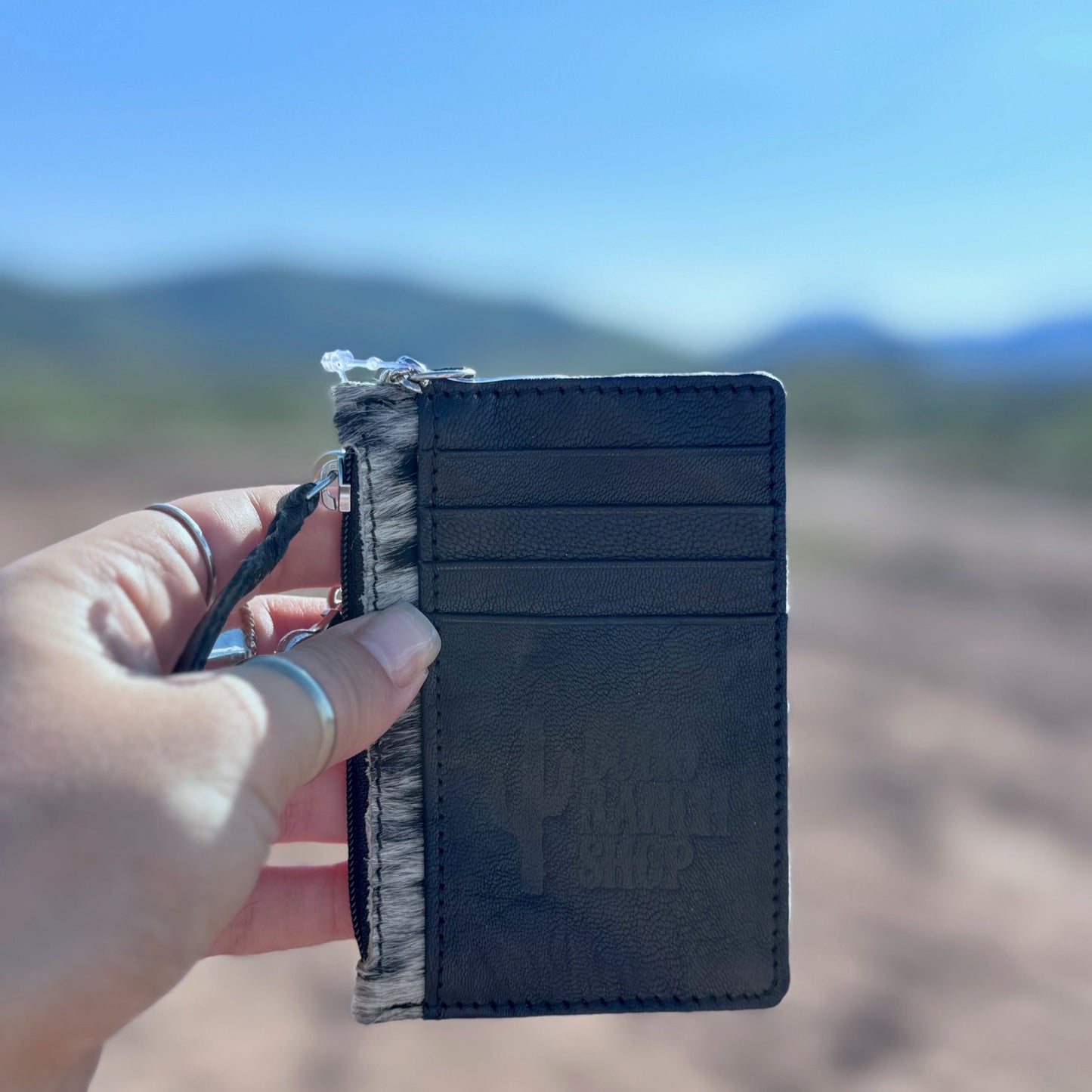 Western Cowhide Leather Keychain Wallet: BLACK + WHITE
