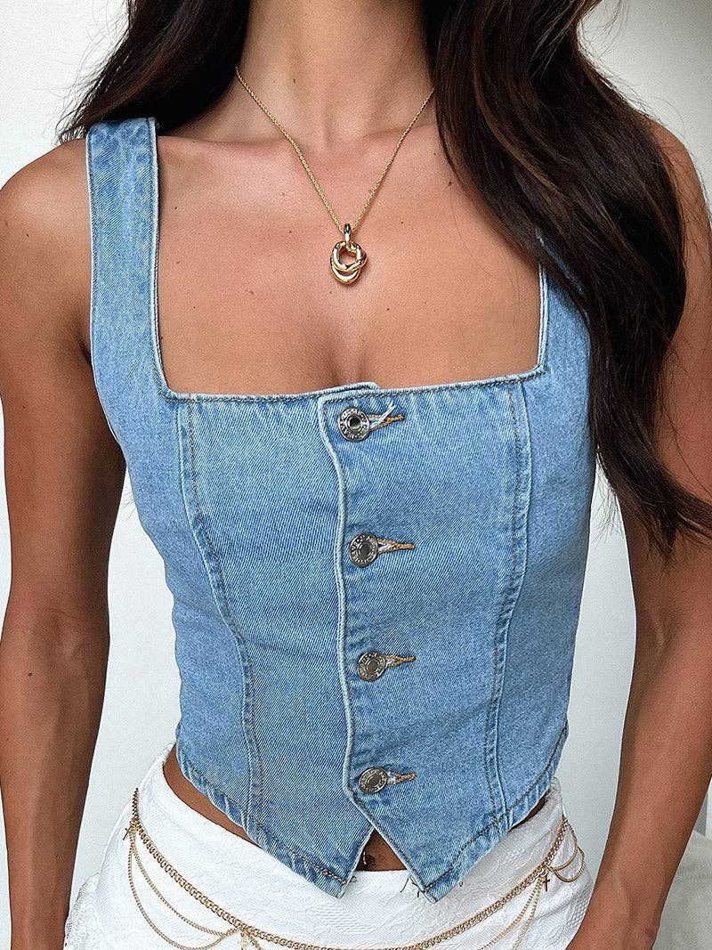 Square Neck Buttoned Crop Top