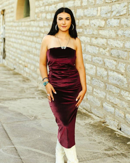 Burgundy Velvet Strapless Dress
