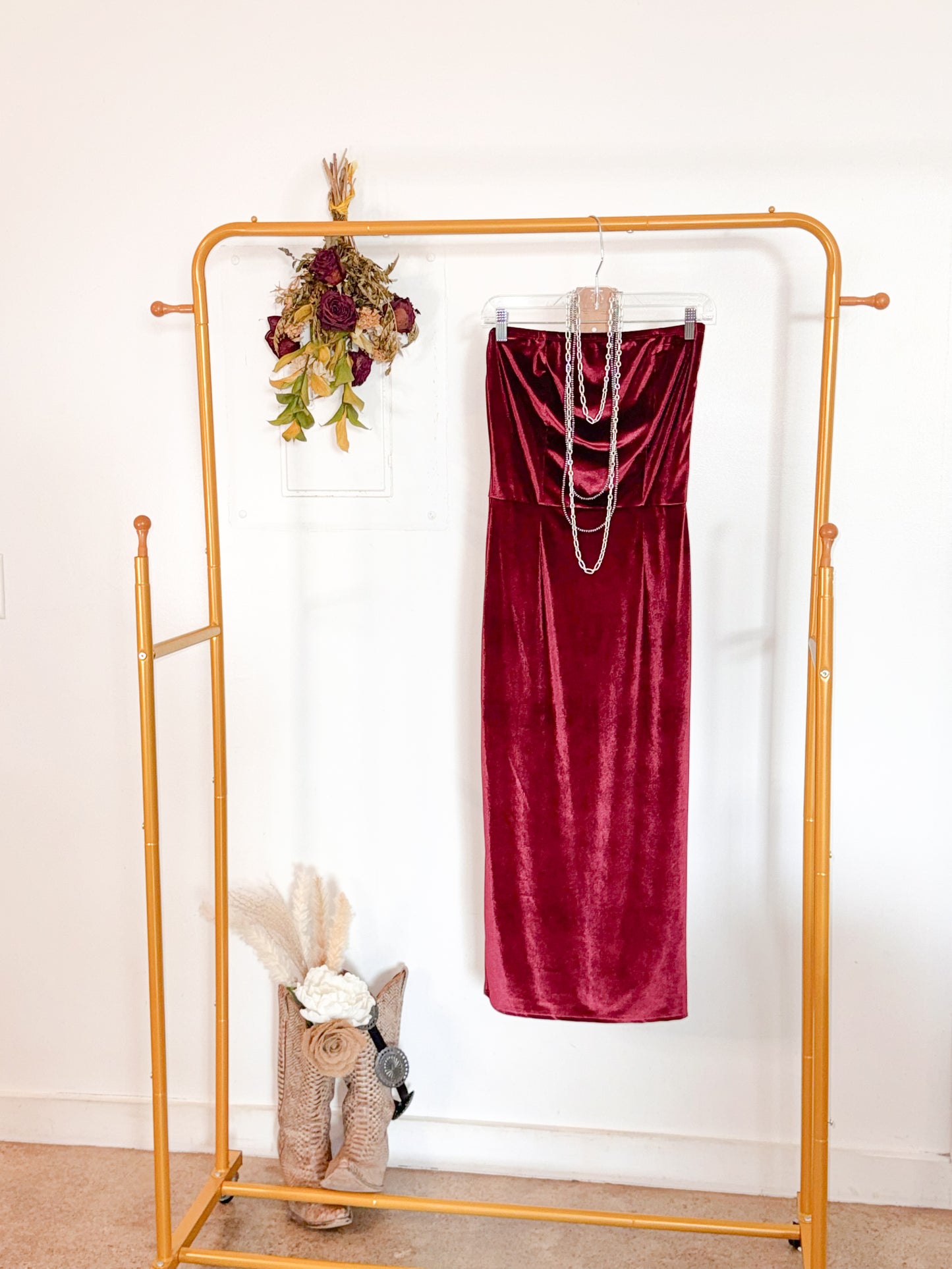 Burgundy Velvet Strapless Dress