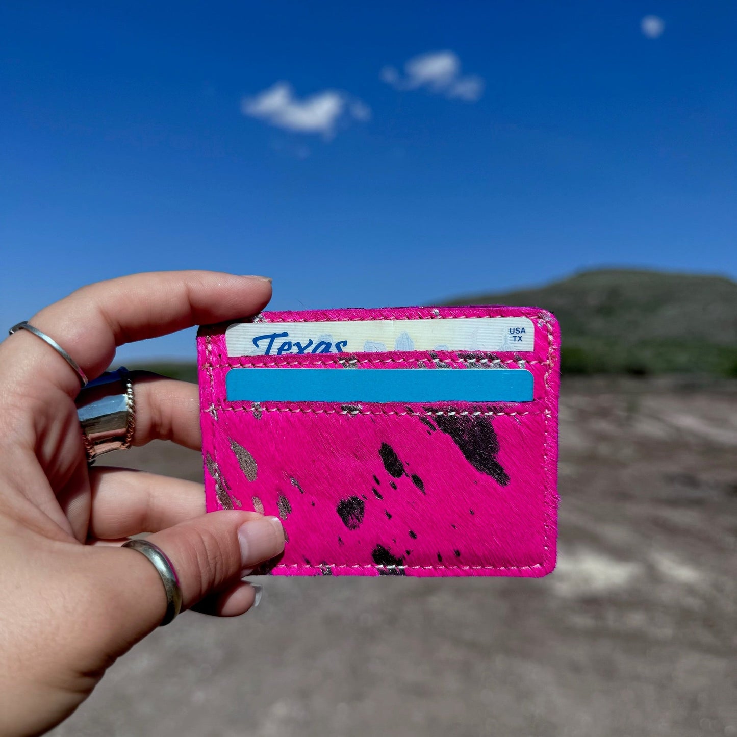 Western Cowhide Credit Card Holder - PINK + SILVER SPECS